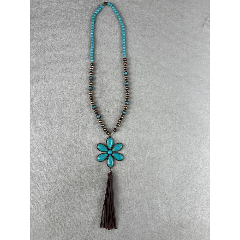 Turquoise Beaded Flower Pendant Necklace Copper Tone Tassel Western Boho 21 Inch
